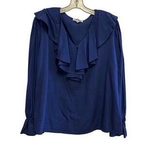 Vintage Compagnie Internationale Express Navy Blue Ruffle Blouse Long Sleeve M